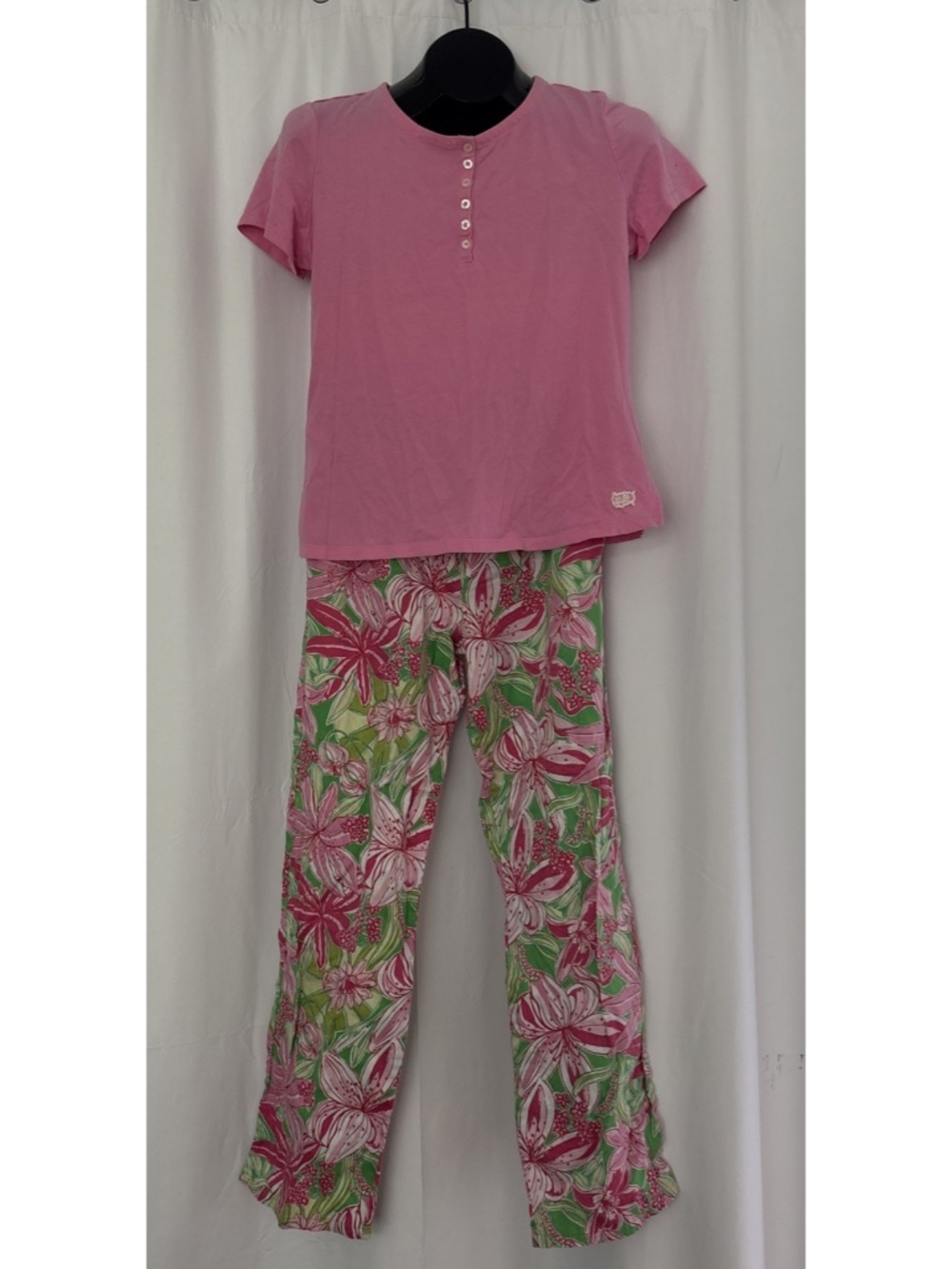 LILY PULITZER Sz XS 2 Piece Pajama Lounge Set Pink Tropical Short Sleeve Cotton